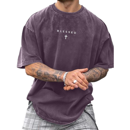 Men's Cross & Letter Print Vintage T-Shirt
