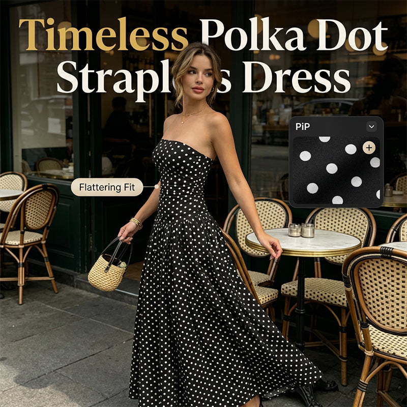 ⚫👗Last Day Special Price:£ 19.99!!!✨ Women's Polka Dot Strapless Dress - Elegant Vacation Essential! ✨
