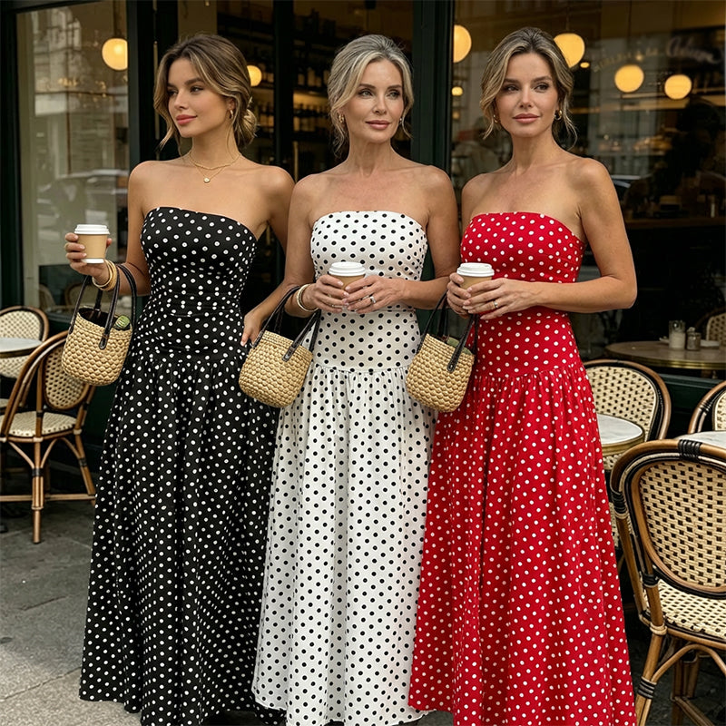 ⚫👗Last Day Special Price:£ 19.99!!!✨ Women's Polka Dot Strapless Dress - Elegant Vacation Essential! ✨