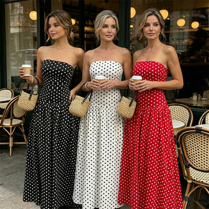 ⚫👗Last Day Special Price:£ 19.99!!!✨ Women's Polka Dot Strapless Dress - Elegant Vacation Essential! ✨