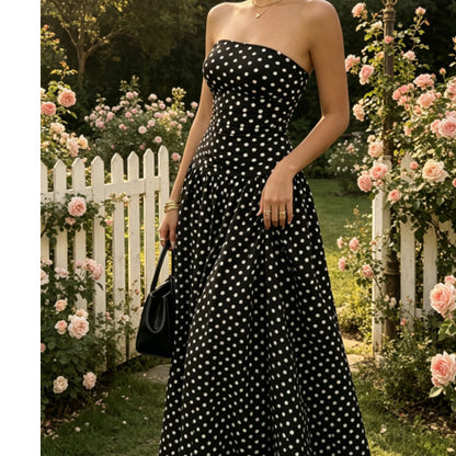 ⚫👗Last Day Special Price:£ 19.99!!!✨ Women's Polka Dot Strapless Dress - Elegant Vacation Essential! ✨