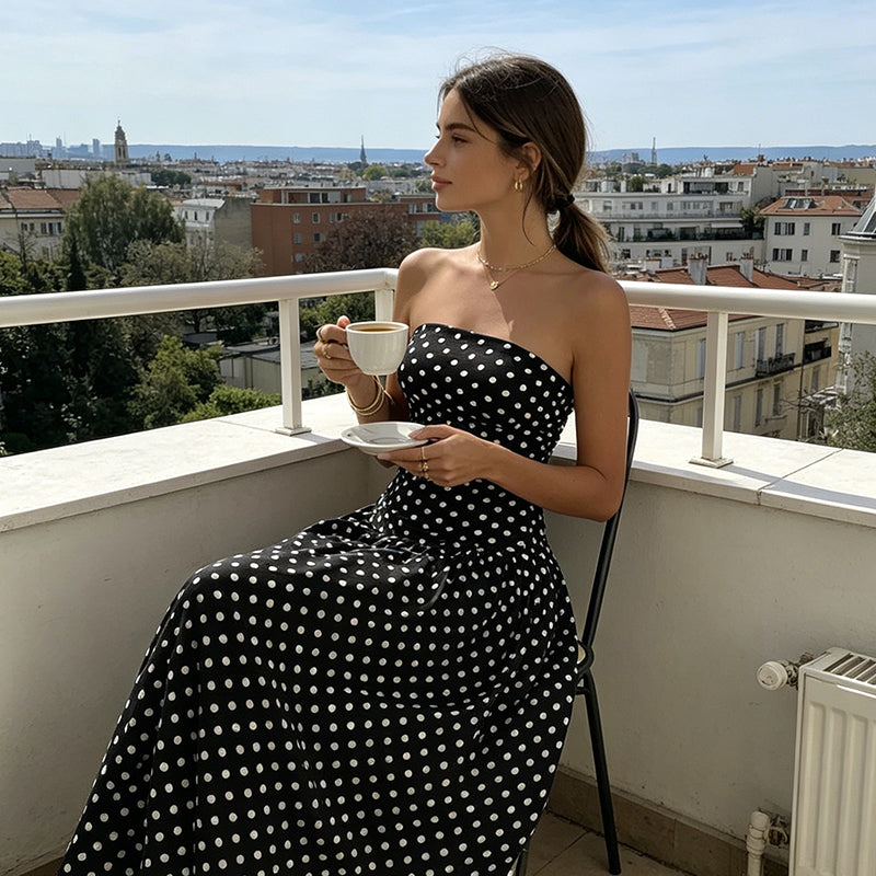⚫👗Last Day Special Price:£ 19.99!!!✨ Women's Polka Dot Strapless Dress - Elegant Vacation Essential! ✨
