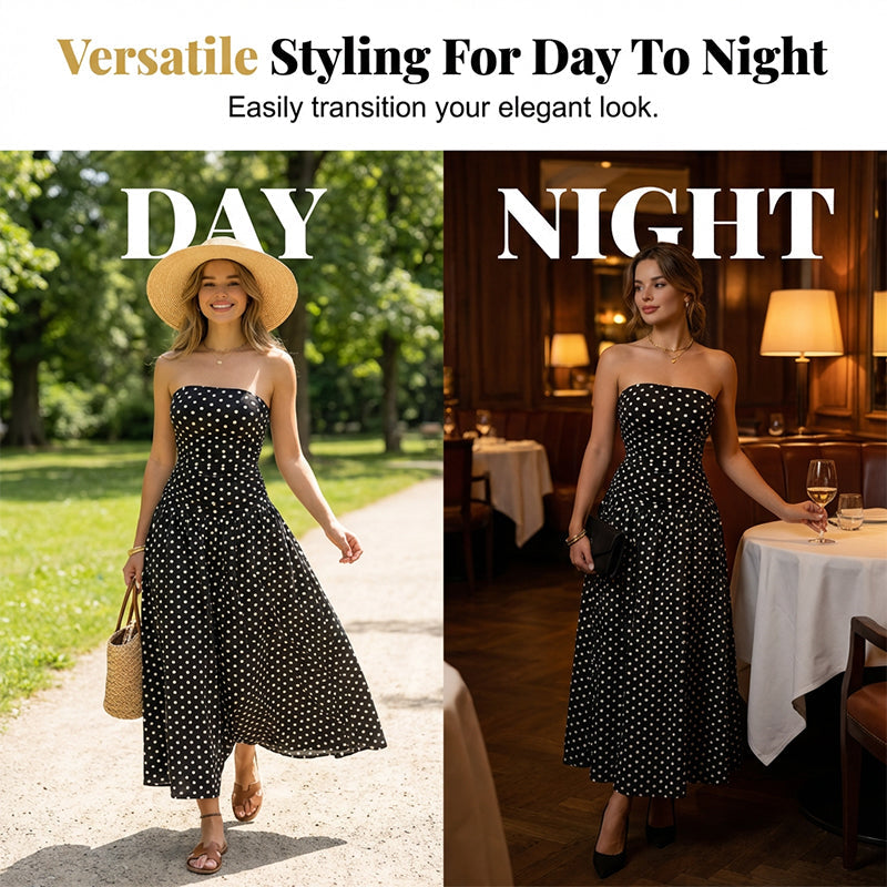 ⚫👗Last Day Special Price:£ 19.99!!!✨ Women's Polka Dot Strapless Dress - Elegant Vacation Essential! ✨