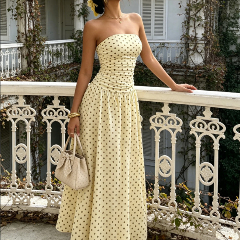 ⚫👗Last Day Special Price:£ 19.99!!!✨ Women's Polka Dot Strapless Dress - Elegant Vacation Essential! ✨
