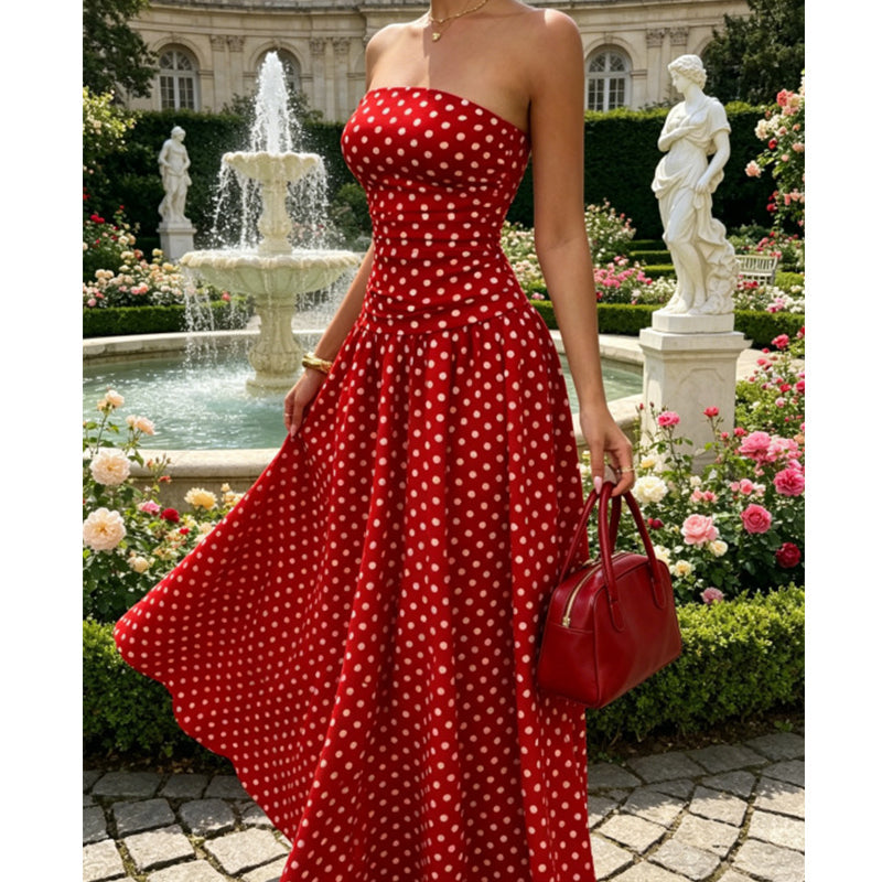 ⚫👗Last Day Special Price:£ 19.99!!!✨ Women's Polka Dot Strapless Dress - Elegant Vacation Essential! ✨