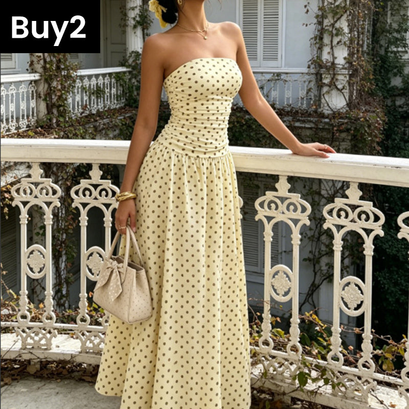 ⚫👗Last Day Special Price:£ 19.99!!!✨ Women's Polka Dot Strapless Dress - Elegant Vacation Essential! ✨