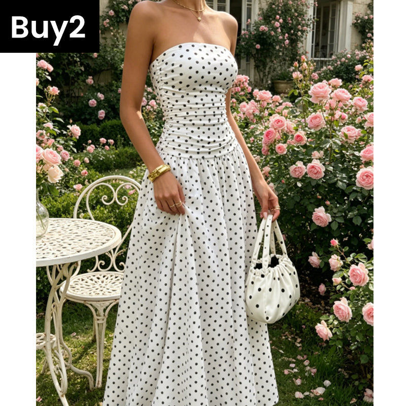 ⚫👗Last Day Special Price:£ 19.99!!!✨ Women's Polka Dot Strapless Dress - Elegant Vacation Essential! ✨