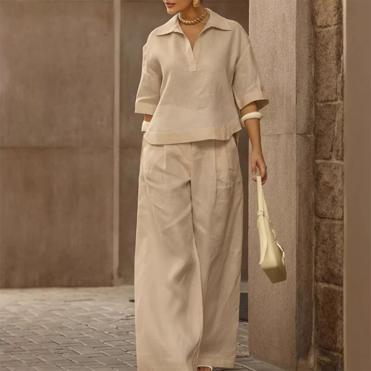 Women's Casual Top & Wide-Leg Pants Set