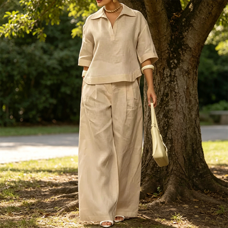 Women's Casual Top & Wide-Leg Pants Set