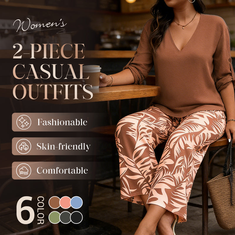 🌿Summer Cool Deal: 50% OFF!!🌿Women's V-Neck Blouse & Printed Wide-Leg Pants Set💃