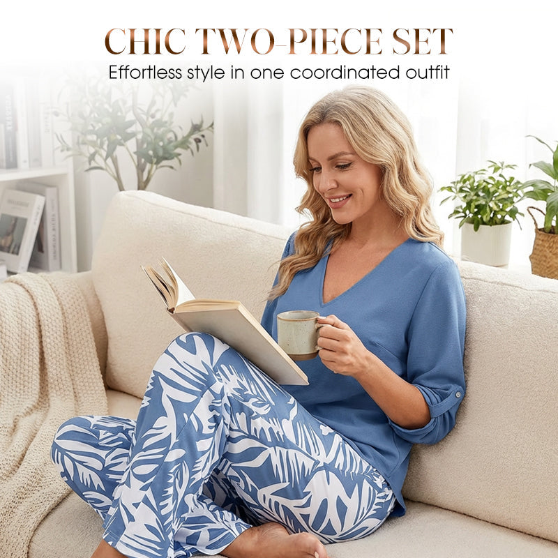🌿Summer Cool Deal: 50% OFF!!🌿Women's V-Neck Blouse & Printed Wide-Leg Pants Set💃