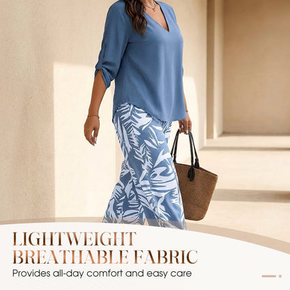 🌿Summer Cool Deal: 50% OFF!!🌿Women's V-Neck Blouse & Printed Wide-Leg Pants Set💃