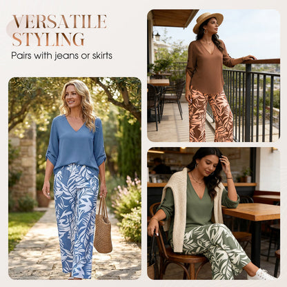 🌿Summer Cool Deal: 50% OFF!!🌿Women's V-Neck Blouse & Printed Wide-Leg Pants Set💃