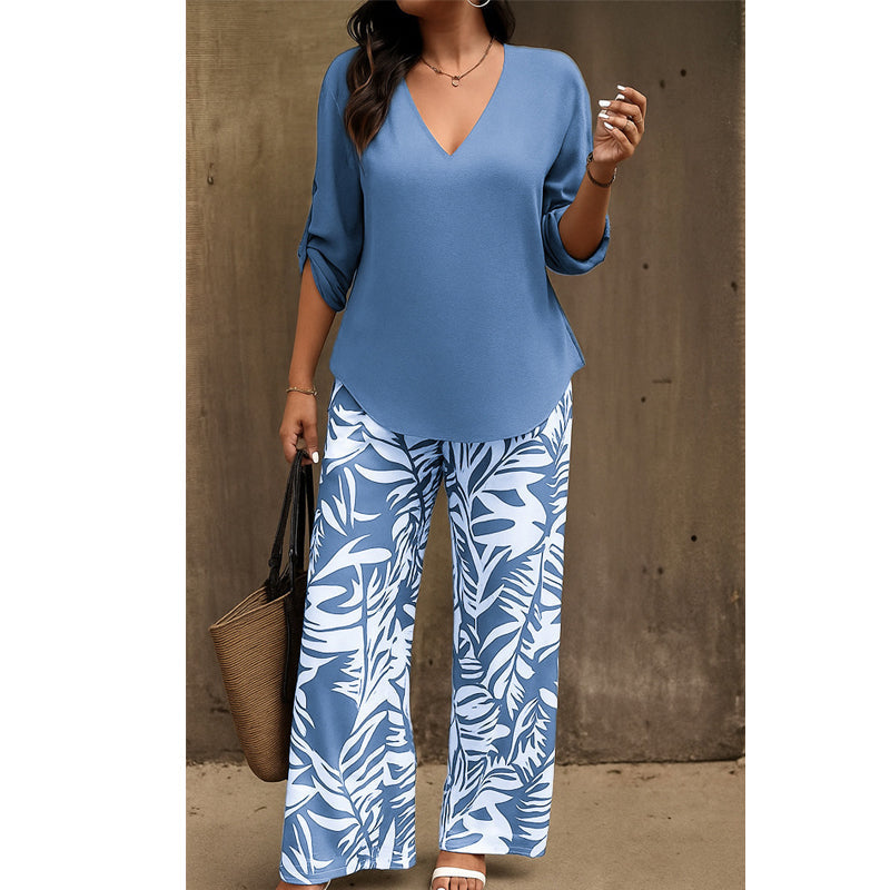 🌿Summer Cool Deal: 50% OFF!!🌿Women's V-Neck Blouse & Printed Wide-Leg Pants Set💃