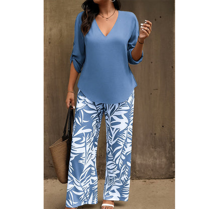 🌿Summer Cool Deal: 50% OFF!!🌿Women's V-Neck Blouse & Printed Wide-Leg Pants Set💃