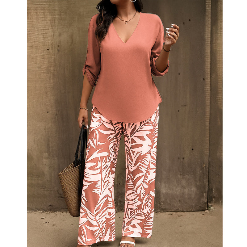 🌿Summer Cool Deal: 50% OFF!!🌿Women's V-Neck Blouse & Printed Wide-Leg Pants Set💃