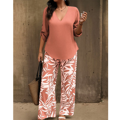 🌿Summer Cool Deal: 50% OFF!!🌿Women's V-Neck Blouse & Printed Wide-Leg Pants Set💃