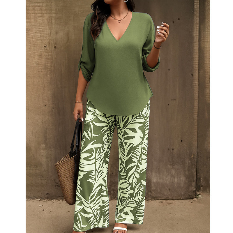 🌿Summer Cool Deal: 50% OFF!!🌿Women's V-Neck Blouse & Printed Wide-Leg Pants Set💃