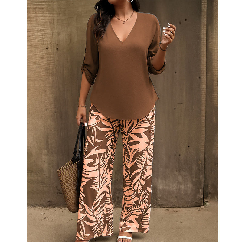 🌿Summer Cool Deal: 50% OFF!!🌿Women's V-Neck Blouse & Printed Wide-Leg Pants Set💃