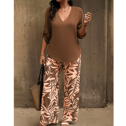 🌿Summer Cool Deal: 50% OFF!!🌿Women's V-Neck Blouse & Printed Wide-Leg Pants Set💃