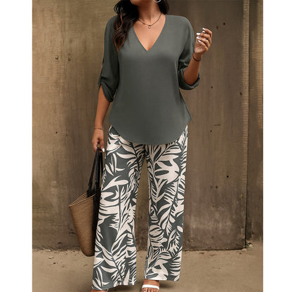 🌿Summer Cool Deal: 50% OFF!!🌿Women's V-Neck Blouse & Printed Wide-Leg Pants Set💃
