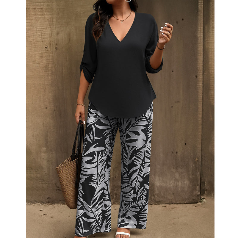 🌿Summer Cool Deal: 50% OFF!!🌿Women's V-Neck Blouse & Printed Wide-Leg Pants Set💃