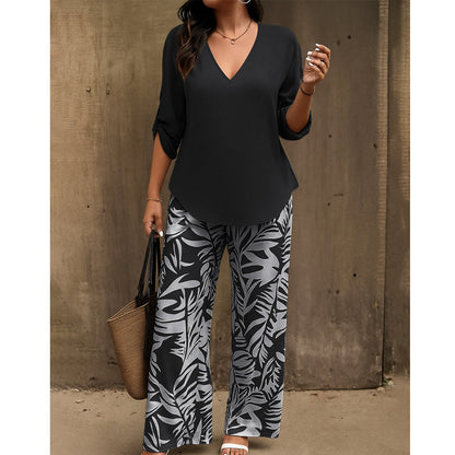 🌿Summer Cool Deal: 50% OFF!!🌿Women's V-Neck Blouse & Printed Wide-Leg Pants Set💃