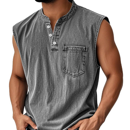Retro Style Sleeveless T-Shirt with Three Buttons