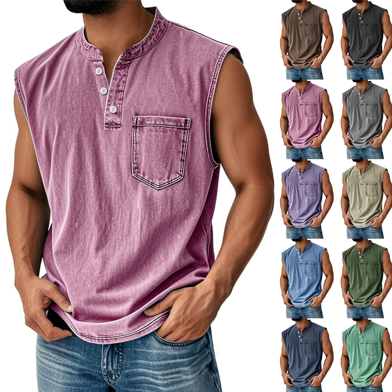 Retro Style Sleeveless T-Shirt with Three Buttons