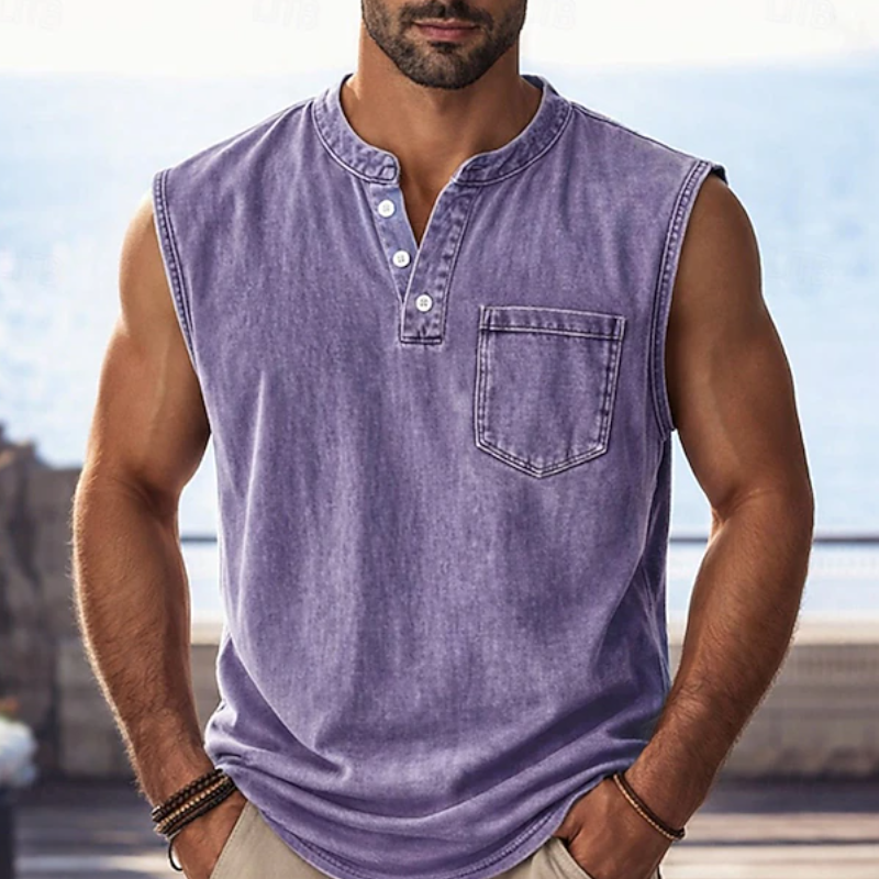 Retro Style Sleeveless T-Shirt with Three Buttons