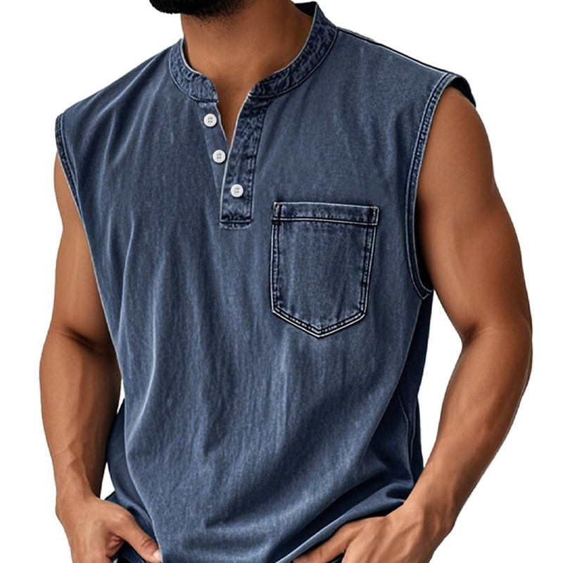 Retro Style Sleeveless T-Shirt with Three Buttons