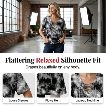 Women's Tie-Dye Lace-Up V-Neck T-Shirt