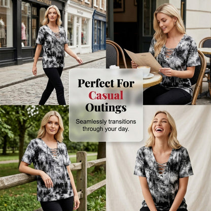Women's Tie-Dye Lace-Up V-Neck T-Shirt