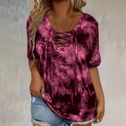 Women's Tie-Dye Lace-Up V-Neck T-Shirt