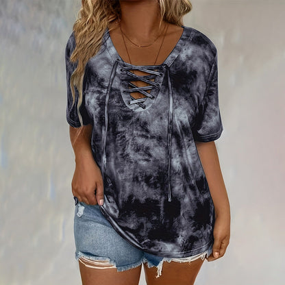 Women's Tie-Dye Lace-Up V-Neck T-Shirt