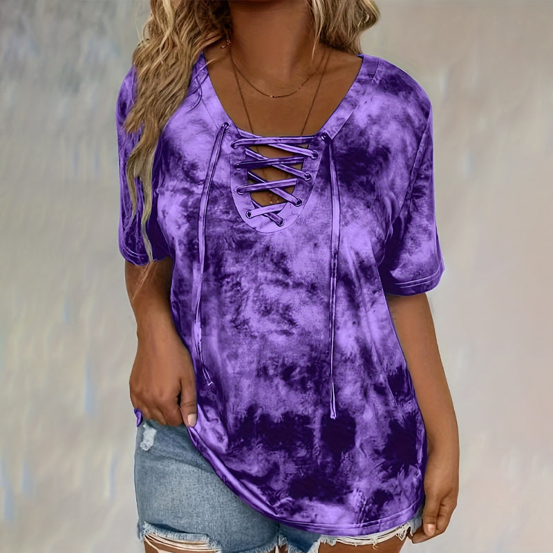 Women's Tie-Dye Lace-Up V-Neck T-Shirt