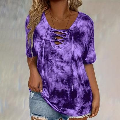 Women's Tie-Dye Lace-Up V-Neck T-Shirt
