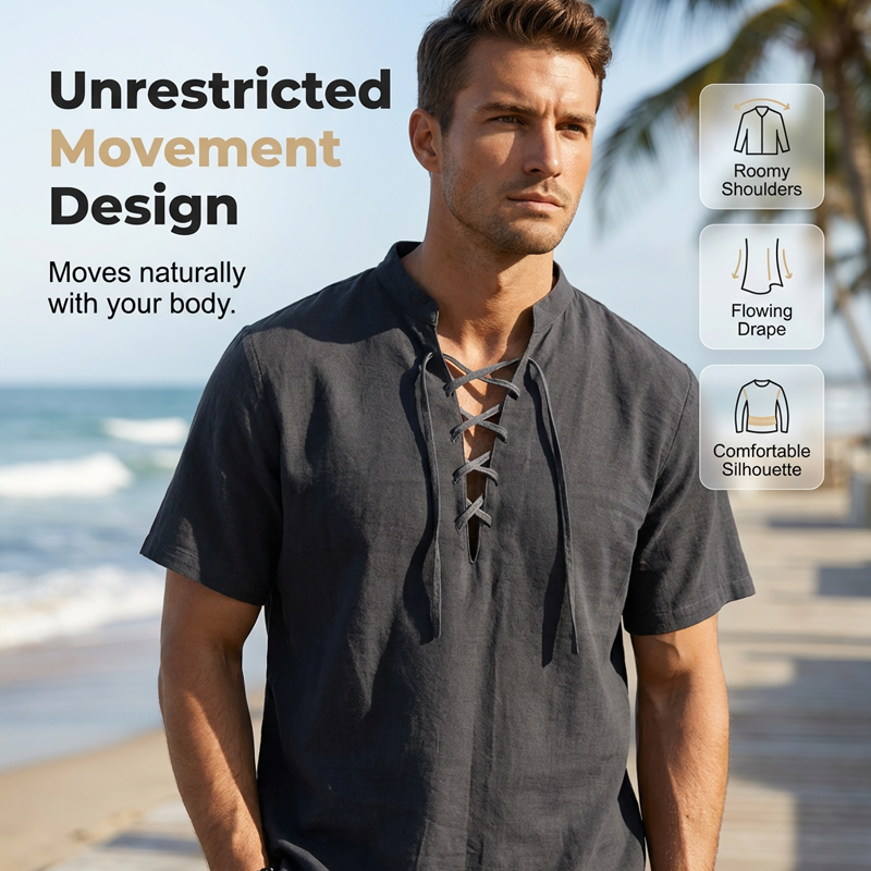 Men’s Casual Lace-Up Short Sleeve Shirt