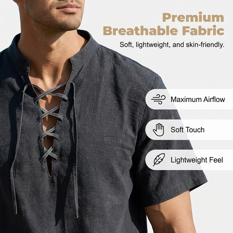 Men’s Casual Lace-Up Short Sleeve Shirt