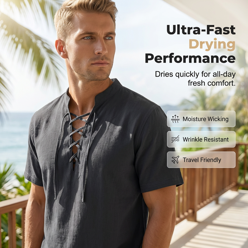 Men’s Casual Lace-Up Short Sleeve Shirt