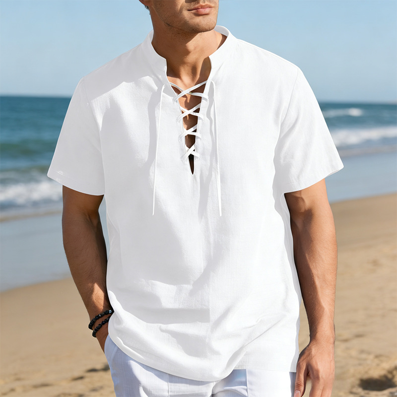 Men’s Casual Lace-Up Short Sleeve Shirt