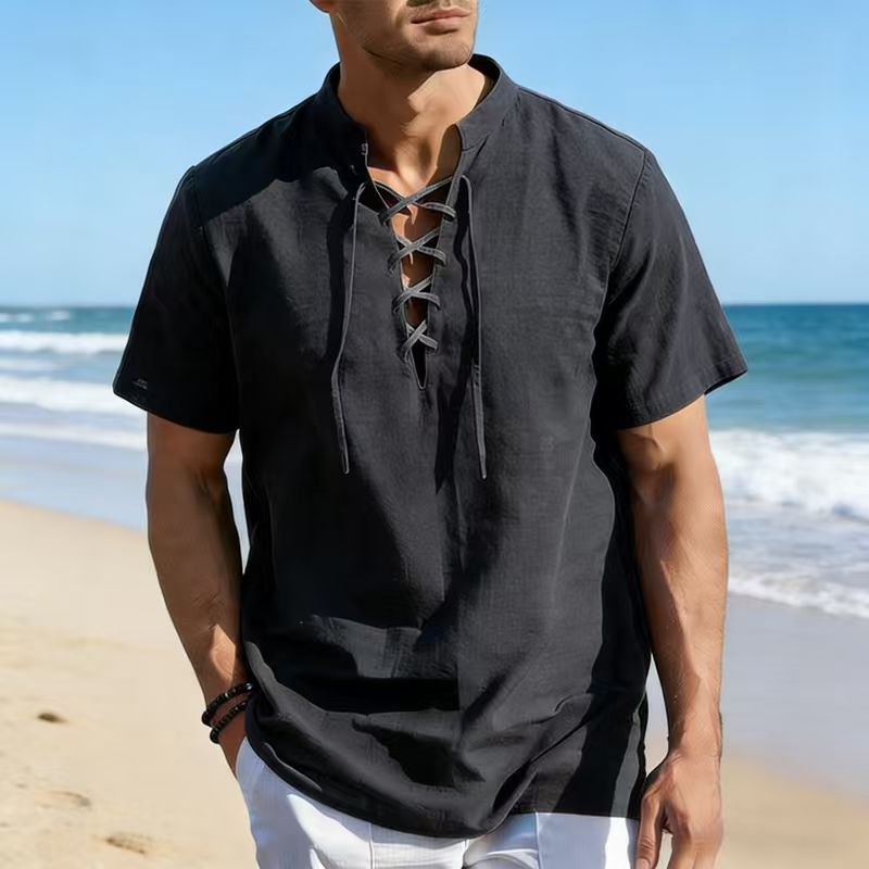 Men’s Casual Lace-Up Short Sleeve Shirt