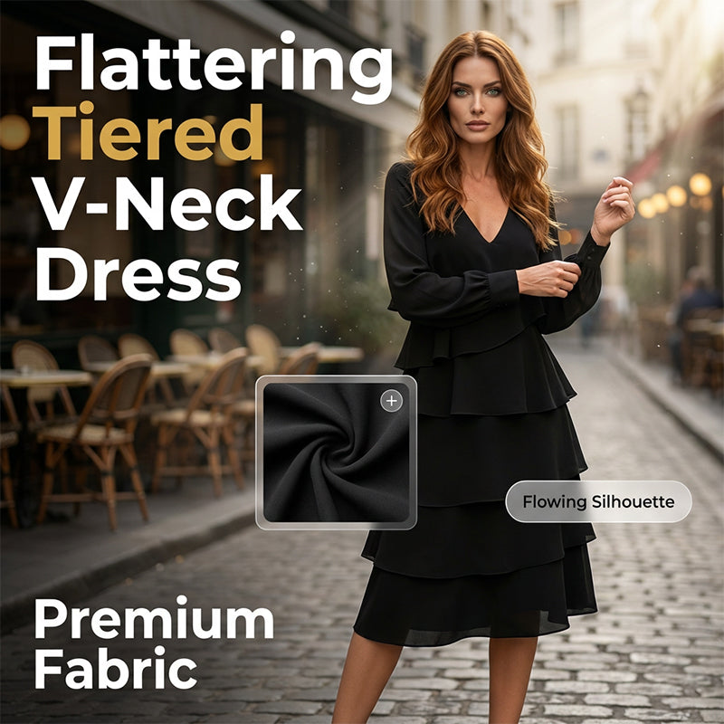 Elegant V-Neck Tiered Long Sleeve Dress
