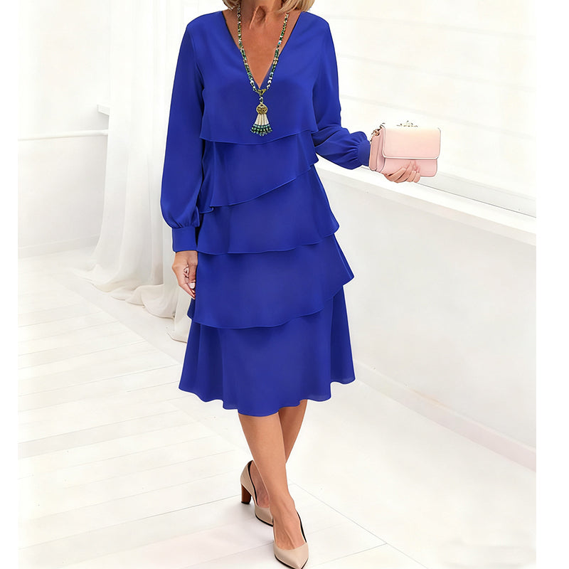 Elegant V-Neck Tiered Long Sleeve Dress