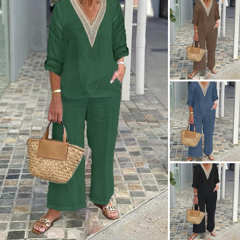 Women's V-Neck Top & Wide-Leg Pants