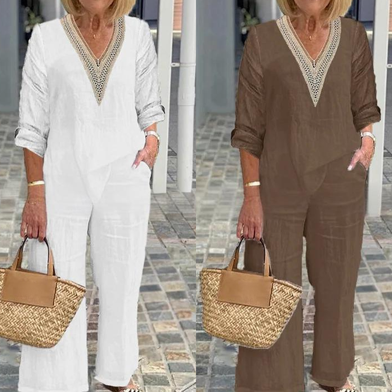Women's V-Neck Top & Wide-Leg Pants