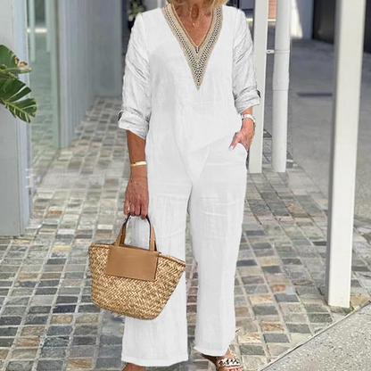 Women's V-Neck Top & Wide-Leg Pants