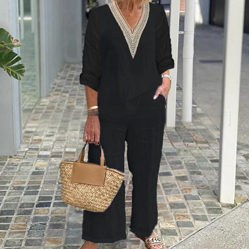 Women's V-Neck Top & Wide-Leg Pants