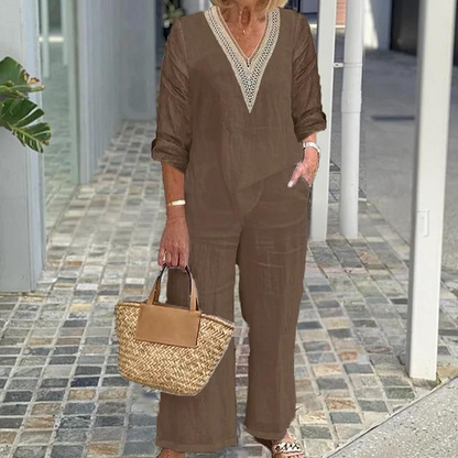 Women's V-Neck Top & Wide-Leg Pants