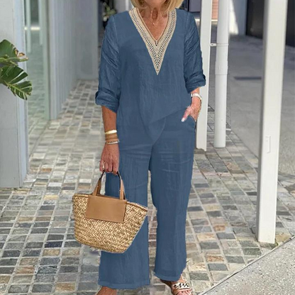Women's V-Neck Top & Wide-Leg Pants